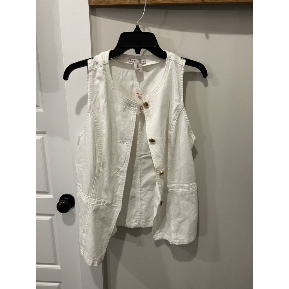 New Women’s White Sleeveless Button Front Denim Vest Size Large Festival Preppy